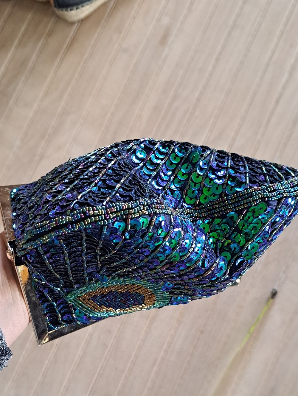 Peacock Sequin Clutch Evening Bag Rhinestone Ring Handle Glam Statement - Picture 10 of 11